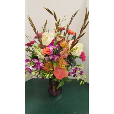 Vase Arrangement with Purples, Pinks, Oranges 