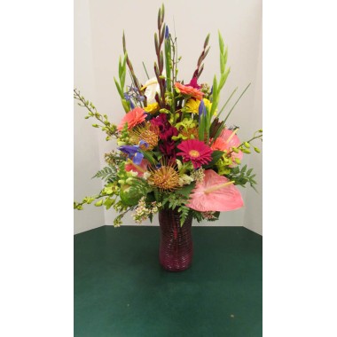 Vase Arrangement with Pinks and Blues 
