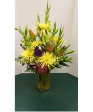 Vase Arrangement, with Yellows, Purples and Oranges 