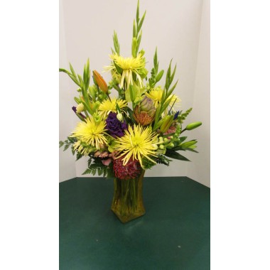 Vase Arrangement, with Yellows, Purples and Oranges 