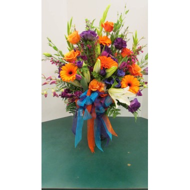 Vase Arrangement with Oranges, Purples and Whites