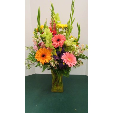 Vase Arrangement with, Oranges, Yellow, Pink and Green 