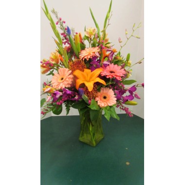 Vase Arrangement, with Pinks, Oranges, and Purples 