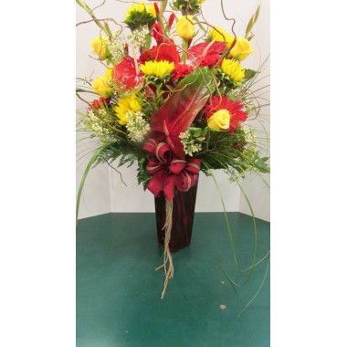 Vase Arrangement with Reds and Yellows