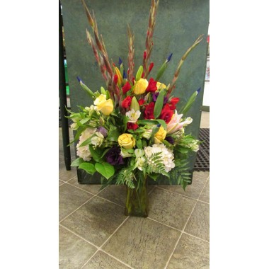 Vase Arrangements with Red gladiolas, yellows and blues SF-36