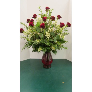 Dozen Roses, with greenery and filler