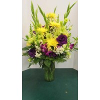 Vase Arrangement, Yellows, whites and purples