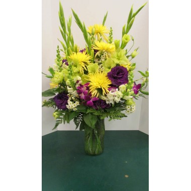 Vase Arrangement, Yellows, whites and purples