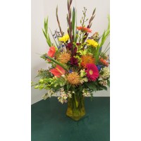 Vase Arrangement with Purples, Oranges, Blues and Yellows 
