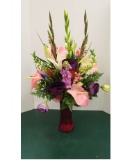 Vase Arrangement, with Pinks, Purples 