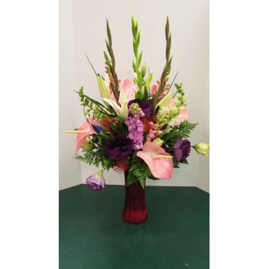 Vase Arrangement, with Pinks, Purples 