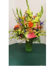 Vase Arrangement, with Greens, Pinks, Oranges and Blues 