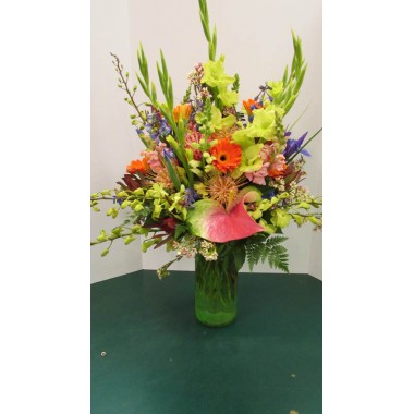 Vase Arrangement, with Greens, Pinks, Oranges and Blues 