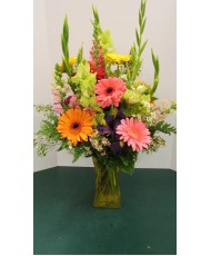 Vase Arrangement with, Oranges, Yellow, Pink and Green 