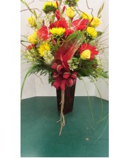 Vase Arrangement with Reds and Yellows