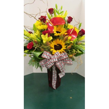 Vase Arrangement, with Sunflowers, and Reds
